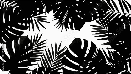 Vibrant tropical leaves create a lush, natural border around a bright, airy space, evoking a sense of exotic tranquility.