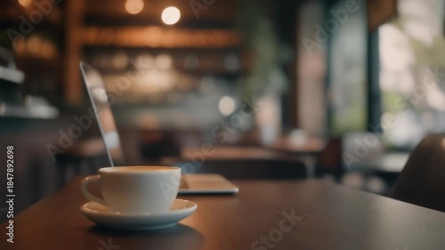 Cup of fresh coffee beside laptop on table at modern cafe.