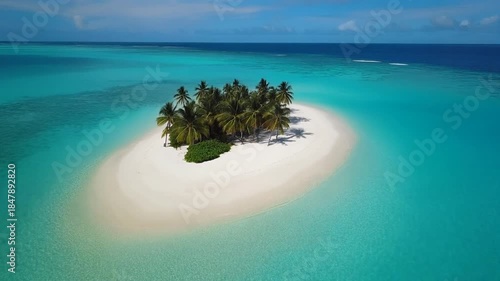 Stunning aerial view of remote tropical island and clear blue ocean.