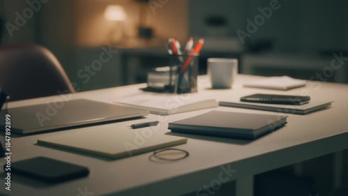 Dimly Lit Office Desk Setup with Laptop and Stationery at Night