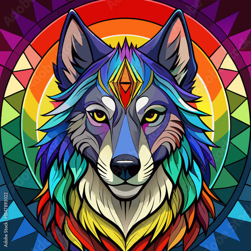 Wolf real, Stained Glass Style , rainbow color