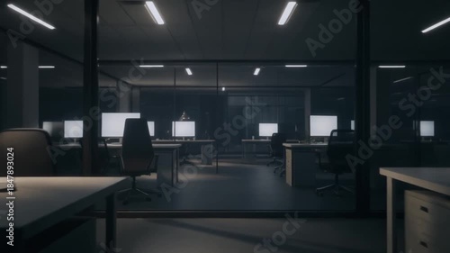 Modern Office Interior Desks with Empty Chairs at Night