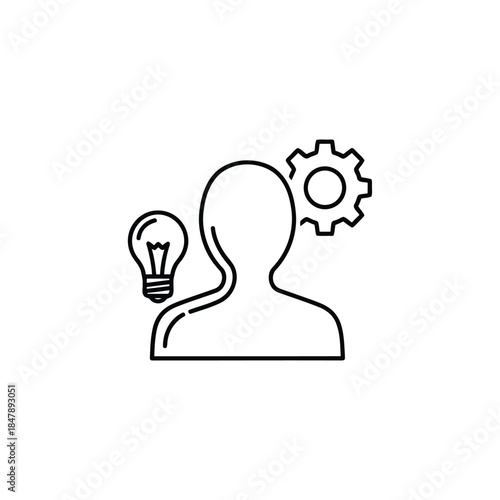 Person contemplating a lightbulb and cogwheel symbolizing innovation and problem-solving ideas