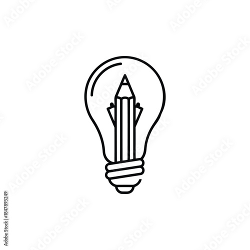 An illustration of a creative idea with a pencil inside a lightbulb symbolizing innovation and imagination in a simple black line drawing