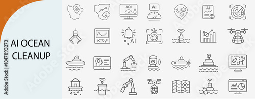 ai ocean cleanup icons set, minimal line vector design