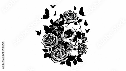 Gothic skull adorned with dark roses and fluttering butterflies, a symbol of beauty and mortality.