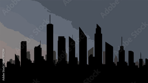 Dramatic silhouette of a modern city skyline against a cloudy, atmospheric sky.