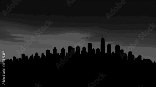 Dramatic city skyline silhouette against a stormy, dark sky