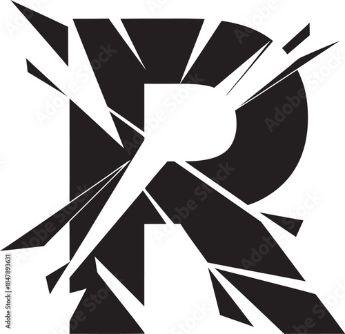 Shattered broken letter R typography graphic design element in black and white for creative projects and editorial use