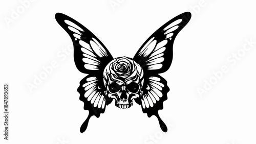 Intricate skull and rose design with butterfly wings, symbolizing transformation and mortality.