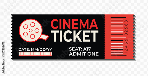 Elegant cinema ticket pass admit card black and red paper printable entry token template