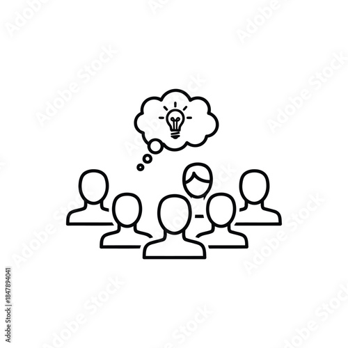 Group of people collaborating and brainstorming innovative ideas together with a thought bubble containing a lightbulb