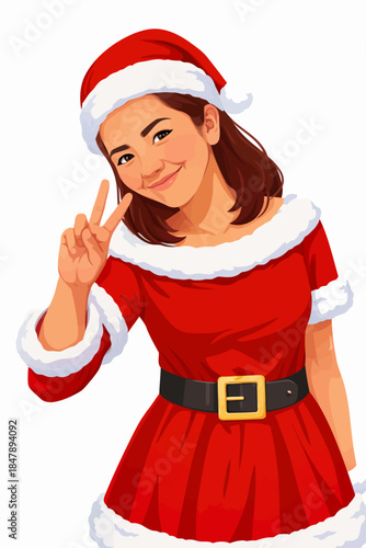 This image is a bright and polished digital illustration of a young woman wearing a classic Santa Claus-inspired outfit. She is facing forward with a slight tilt of her head and smiling warmly, creati