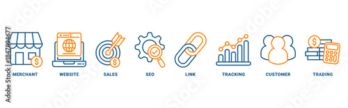 Affiliate Marketing icon set vector concept with icon of merchant, website, sales, seo, link, tracking, customer, trading 