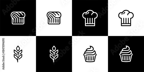 Vector Set of 4 Black and White of Bakery and Pastry Icons including Bread, Chef Hat, Wheat, and Cupcake