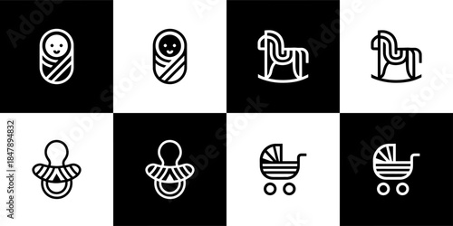 Vector Set of 4 Black and White of Newborn Baby Care and Nursery Icons