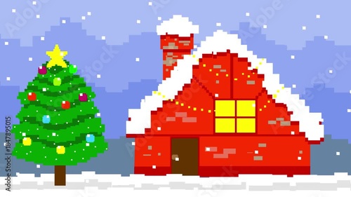 Pixel art style animation with a snowy city, art, vintage, 2D.
