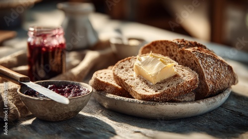 Rustic breakfast scene with sliced bread, butter, jam, and a knife on a weathered wooden table. Soft natural light