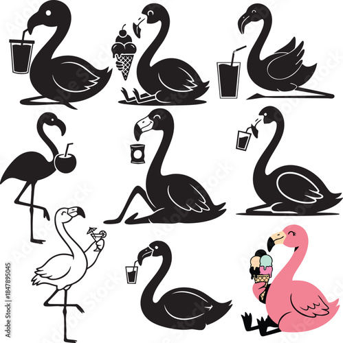 Cute Flamingo Cartoon Characters Drinking and Eating Ice Cream Set