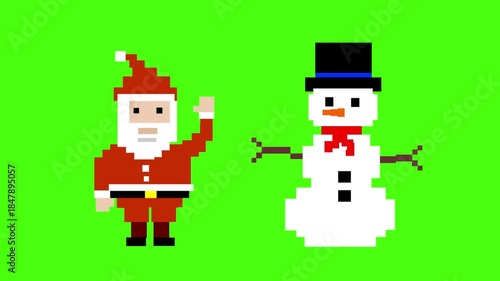 Pixel art style animation with a Santa Claus and a snowman moving on a green background, art, vintage, 2D.