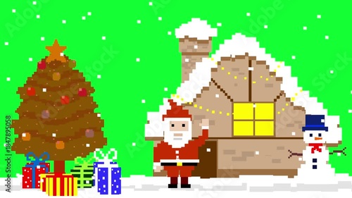 Pixel art style animation with a Santa Claus and a snowman in a snowy city on a green background, art, vintage, 2D.