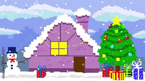 Pixel art style animation with a Santa Claus in a sleigh flying over a Christmas-decorated city, art, vintage.
