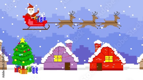 Pixel art style animation with a Santa Claus in a sleigh flying over a Christmas-decorated city, art, vintage, 2D.
