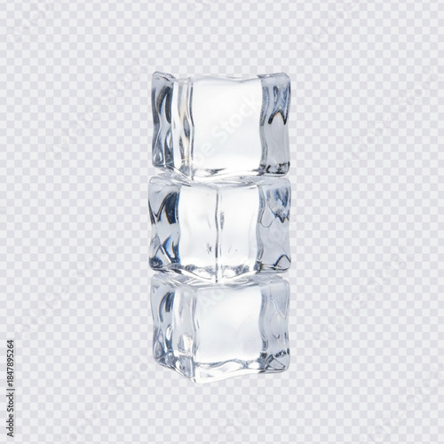 Three crystal-clear ice cubes stacked vertically with realistic textures and reflections. Perfect for cold beverage and summer designs.