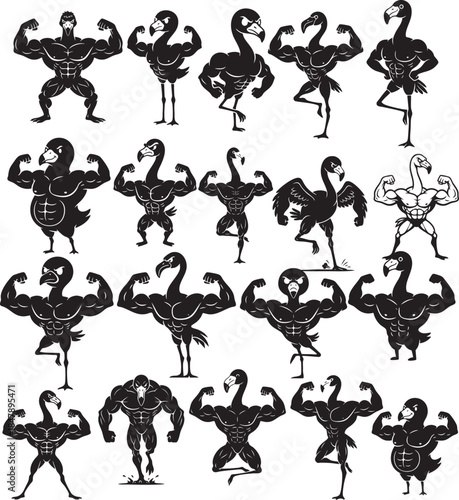 Funny Muscular Flamingo Cartoon Silhouettes in Bodybuilder Poses