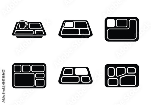 set of food lunch tray silhouette icon vector illustration isolated on white background