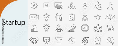“startup business icon set, flat minimal vector line design”  
