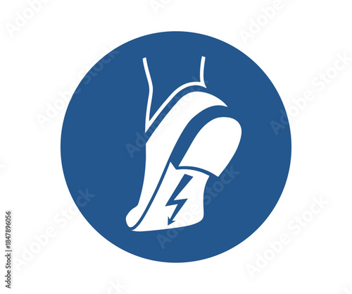 ISO 7010 M032 Wear anti-static footwear sign. Circular blue mandatory sign with shoe with lightning bolt on sole. Wear protective shoes vector design and illustration.

