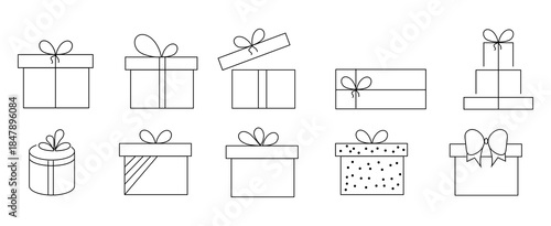 Set of thin line gift boxes with bows for Christmas, birthday, valentine, wedding event, party, celebration 