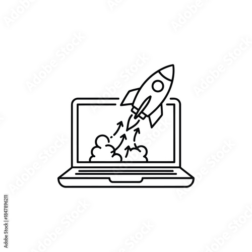 Rocket launching from laptop screen illustrating technological advancement and innovation