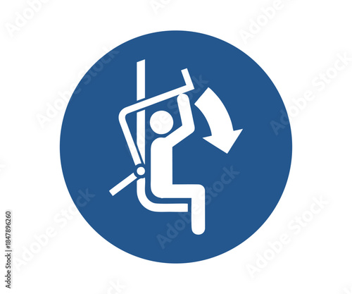 ISO 7010 M033 Close safety bar of chairlift sign. Circular blue mandatory sign with man closing safety bar. Elevated passenger ropeway symbol vector design and illustration. 
