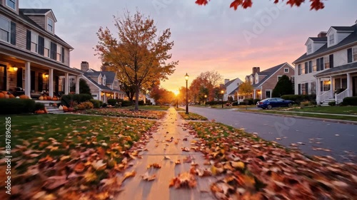 Autumnal Neighborhood Street Scene with Colorful Foliage and Sunset Glow.