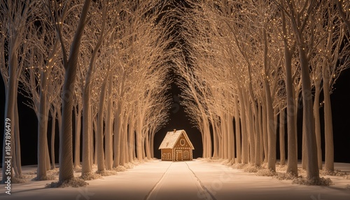 Illuminated bare trees line a snowy path leading toward a small edible confectionary dwelling
