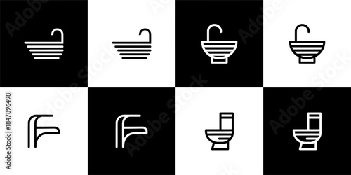 Vector Set of 4 Black and White of Toilet, Sink, Faucet, and Water Steam Icons