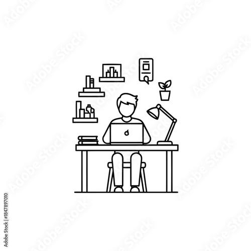 A man works at a desk surrounded by office supplies in a modern workspace illustration