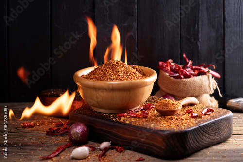 Chili powder in a wooden bowl and wooden spoon, along with garlic, shallots, and a mix of Asian spices, are arranged on a wooden table with flames as a backdrop, conveying the concept of spicy food.