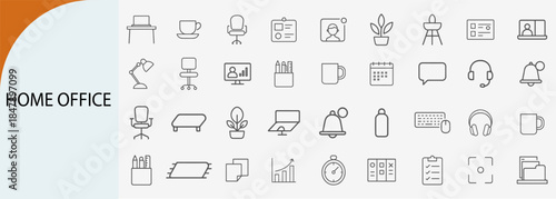 “home office essentials icon set, flat minimal vector line design”  