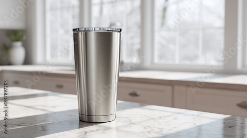 A sleek, metallic tumbler sits on a marble countertop in a well-lit kitchen, with a snowy winter scene outside the window