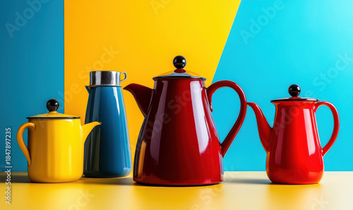 Colorful ceramic mugs and tea cups on a kitchen shelf