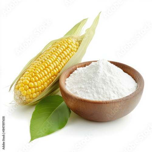 Bowl of fresh yellow corn on white background with kernels and husks visible