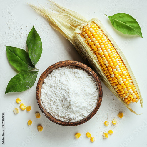 Yellow corn on the cob on a wooden background with grains and seeds