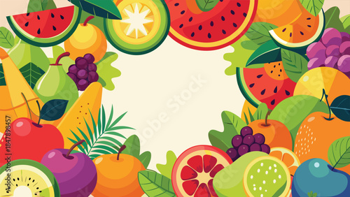 Colorful fruit frame with a blank space for text in the center, suitable for invitations or announcements..eps