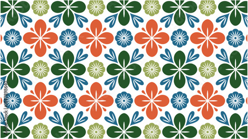 Colorful seamless pattern of stylized flowers and leaves in red green blue and light green on white geometric