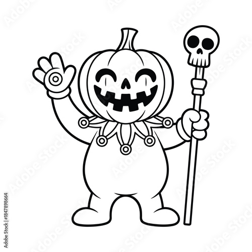 Cartoon jack o lantern character with staff