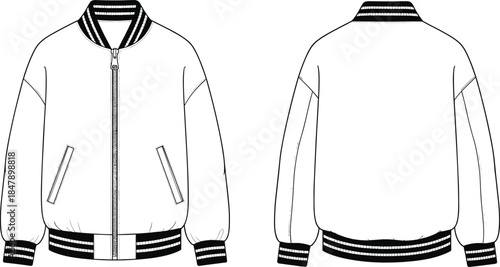 Men bomber jacket technical flat vector illustration front and back view apparel fashion design template isolated clean outline modern clothing