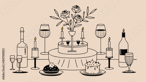 A sketch depicting a table arranged with wine glasses and plates, evoking a sophisticated dining experience..eps
